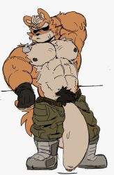 1boy akachionmain anthro balls bara barazoku big_balls big_penis blush flaccid fox fox_mccloud furry gay hand_behind_head male male_only muscles muscular nintendo open_fly pants penis penis_out shirtless solo solo_male star_fox