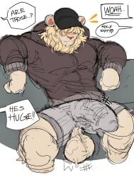 akachionmain anthro balls balls_out bara barazoku baseball_cap big_balls big_penis furry hidden_eyes lion male male_only muscles muscular penis ripped_clothing ripped_underwear sitting solo solo_male speech_bubble spread_legs underwear wardrobe_malfunction