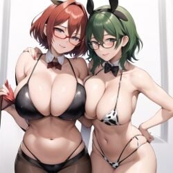 2girls ai_generated areolae armpits big_breasts bikini bunnysuit byleth_(fire_emblem) byleth_(fire_emblem)_(female) cow_print erect_nipples fire_emblem fire_emblem:_three_houses glasses green_hair human latex looking_at_viewer milf nemus_waifu_generator pyra red_hair short_hair stable_diffusion straight_hair xenoblade_(series) xenoblade_chronicles_2