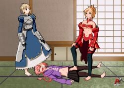 1boy 2girls arlioth artoria_pendragon astolfo_(fate) barefoot crossdressing denki_anma dominant_female fate/apocrypha fate/grand_order fate/stay_night fate_(series) female foot_domination foot_on_face footjob footjob_over_clothes humiliation male mordred_(fate) mother_and_daughter multiple_girls on_back saber standing_footjob stepped_on stepping_on_penis submissive_male teamwork trample trampling trap