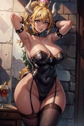 1girls ai_generated big_breasts big_thighs black_legwear black_leotard black_lingerie black_stockings black_thighhighs blonde_hair blue_eyes bowsette breasts castle cleavage crown curvaceous curvy curvy_female curvy_figure earrings female female_focus female_only garter_straps hands_behind_head hips horns hourglass_figure indoors large_breasts latex latex_leotard legwear leotard light-skinned_female light_skin lingerie long_hair mario_(series) new_super_mario_bros._u_deluxe nintendo pointy_ears pose posing posing_for_the_viewer sk300 skindentation slim_waist smile solo solo_female solo_focus spiked_armlet spiked_bracelet spiked_collar spiked_shell spiked_tail stable_diffusion stockings super_crown tail thick_thighs thighhighs thighs voluptuous wide_hips