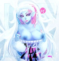 1girls abbey_bominable belayalapa blue_skin breasts_out earrings female fingernail_polish flashing_breasts lipstick monster_girl monster_high nail_polish pink_lipstick pink_nail_polish pink_nails pointy_ears purple_eyes russian sharp_teeth sweater tusks white_hair yeti