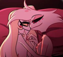 2demons angel_dust_(hazbin_hotel) bed blonde_hair charlie_morningstar_(hazbin_hotel) crack_pairing demon demon_girl hand_on_face hazbin_hotel holding_hand itanatsu-chan laying_on_side looking_at_another love male/female naked naked_female passionate pink_eyes red_eyes smile straight white_body white_fur wholesome