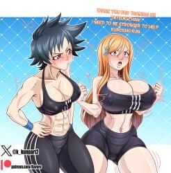 2girls after_exercise arisawa_tatsuki big_breasts black_hair bleach bloomers blush breast_envy breast_focus breast_size_difference breasts cleavage female female_only fully_clothed gym_shorts huge_breasts inoue_orihime jealous karuro-kun light-skinned_female light_skin long_hair looking_at_breasts looking_at_partner medium_support_(meme) meme meme_attire midriff multiple_girls muscular muscular_female nipples orange_hair puffy_nipples short_hair small_breasts sports_bra staring staring_at_breasts sweat sweatdrop sweating tatsuki_arisawa toned workout_clothes