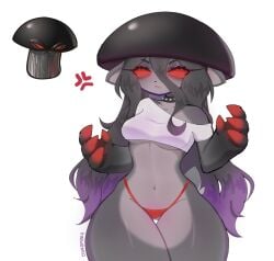 angry black_body black_hair chikomokii doom-shroom_(pvz) fungy mushroom mushroom_girl mushroom_hat mushroom_humanoid plants_vs_zombies red_eyes red_panties rule_63 white_shirt