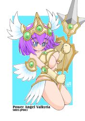 1girls 2023 blush breasts cyan_background cyan_eyes duel_monster dunames_dark_witch eyebrows_visible_through_hair eyelashes female hair melee_weapon power_angel_valkyria purple_hair shield spear weapon yu-gi-oh!