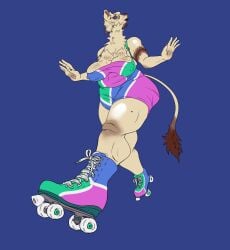 80's_theme absurd_res alpaca anthro armpit_hair beauty_mark big_breasts body_hair breasts bright_colors camel_toe camelid dipstick_tail eyewear female fluffy freckles hi_res mammal markings mature_female monocle nipple_outline overweight overweight_female roller_skates sagging_breasts solo tail tail_markings thick_thighs white_body wrinkles