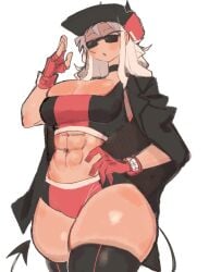 abs after_workout baseball_cap blush breasts choker coat crop_top demon_girl demon_horns demon_tail gloves helltaker justice_(helltaker) sunglasses tan_body thick_thighs thighhighs thighs tinted_eyewear tomboy usa37107692 white_hair workout_clothes