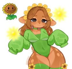 1girls 2023 breasts brown_hair chikomokii clothed cute deer deer_ears deer_girl eyelashes female female_only green_body green_clothing hair plants_vs_zombies shirt short_tail solo solo_female sun sunflower_(pvz) tail watermark white_background