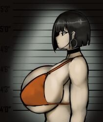 almost_naked annoyed big_breasts borrowed_character breasts choker ear_ring earrings from_the_side goth_(booruguru) huge_breasts inmate mugshot orange_bikini original_character short_hair solo tinboryte tired