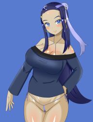 blue_background blue_eyes blue_hair blue_theme blush clothing dark-skinned_female dark_skin doors_drop game_freak nessa_(pokemon) nintendo pokemon pokemon_ss solo