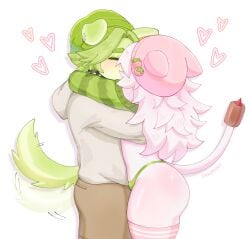 beanie beanie_hat canine cat_ears cat_humanoid cat_tail catgirl cattail_(chikomokii) cattail_(pvz) chikomokii dog_ears dog_tail green_clothing green_panties heart lillypad_(pvz) pink_body pink_hair plants_vs_zombies thighhighs