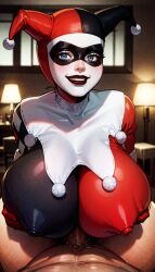 1boy 1girls ai_generated batman_(series) blue_eyes bodysuit clown_girl curvy dc dc_comics gloves harley_quinn harley_quinn_(classic) huge_breasts huge_cock lamp latex light-skinned_female lipstick living_room looking_at_viewer makeup mask nipples_visible_through_clothing paizuri paizuri_lead_by_female plump pov rtxon smile voluptuous