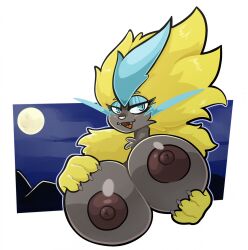 anthro big_breasts blue_eyes breasts digital_media_(artwork) felid feline felis female fingers fur generation_7_pokemon hair hi_res kiss_the_carrot legendary_pokemon mammal nintendo nipples nude open_mouth pokemon pokemon_(species) shaded simple_background smile solo tongue yellow_body yellow_fur zeraora