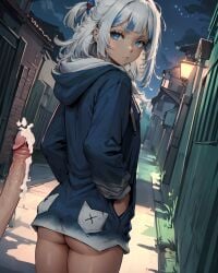 1girls ai_generated anon838227 ass blue_hoodie bottomless cum ejaculation from_behind gawr_gura hands_in_pockets hololive hololive_english hoodie looking_at_viewer mature_female night outdoors penis petite pockets pov small_breasts stable_diffusion underbutt virtual_youtuber