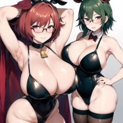 2girls ai_generated areolae armpits big_breasts bikini bunnysuit byleth_(fire_emblem) byleth_(fire_emblem)_(female) erect_nipples fire_emblem fire_emblem:_three_houses glasses green_hair human latex looking_at_viewer milf nemus_waifu_generator pyra red_hair short_hair stable_diffusion straight_hair xenoblade_(series) xenoblade_chronicles_2