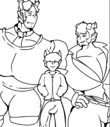 3boys bara bulge_through_clothing checking_out cleavage facial_hair gay geimen_jiznet hair_over_eyes hiveswap homestuck hoodie horns huge_pecs imminent_sex indigo_blood jokbun_cremur large_penis line_art oc rust_blood short_but_hung shorts sweater_vest teal_blood thigh_highs thong_straps tie twink vest work_in_progress yaoi