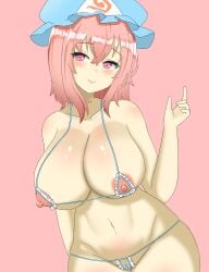 1girls areola_slip bar_censor big_breasts bikini blush breasts censor_bar censored cutout cutout_bikini doors_drop hat huge_breasts micro_bikini nipples pink_background pink_eyes pink_hair pink_theme short_hair solo touhou yuyuko_saigyouji