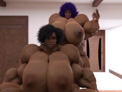 2girls 3d 3dx afro ass big_ass big_breasts big_butt bimbo busty cigarette cigarette_holder dark-skinned_female daz3d daz_studio dzcelestial3d female giantess hyper hyper_ass hyper_breasts hyper_muscle hyper_muscles lips living_room multiple_girls muscular muscular_female nude nude_female smoking