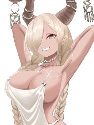 1girls alternate_costume azur_lane beauty_mark blonde_hair breasts clothed clothing confident female female_only hair_over_one_eye happy horn_jewelry horn_ornament horns huge_breasts jewelry lam_b_(lam_b2312) looking_at_viewer official_alternate_costume owari_(azur_lane) owari_(shimmering_forsythia)_(azur_lane) sakura_empire_(azur_lane) smile solo tan-skinned_female tan_skin twin_braids twintails yellow_eye