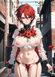 ai_generated cameltoe flower_petals flowers messy_hair petals red_eyes red_hair see-through see-through_clothing see_through see_through_bra see_through_clothing short_hair thong underwear visible_nipples