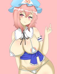 areola_slip big_breasts bikini blush breasts doors_drop hat huge_breasts micro_bikini pink_background pink_eyes pink_hair pink_theme solo touhou yuyuko_saigyouji