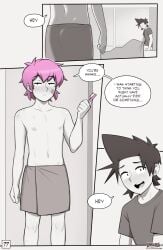 2boys bed belly belly_button black_hair comic comic_page dialogue dross femboy gay hotel hotel_room jacob_(dross) light-skinned_male light_skin male male_only monochrome nipples partially_clothed pink_hair skater_boi_(dross) spiky_hair t-shirt tagme taylor_(dross) text text_bubble towel towel_around_waist towel_only twink yaoi