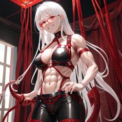 1girls ai_generated bondage_outfit choker female female_only glasses grinning grinning_at_viewer latex leather_choker muscular_female nemus_waifu_generator original_character red_eyes red_rope six_pack tentacle white_hair