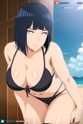 ai_generated beach big_breasts black_bikini black_hair black_panties boruto:_naruto_next_generations cloud curvy curvy_body hyuuga_hinata juanpi_amvs large_breasts naruto naruto_(series) ocean patreon patreon_username short_hair sky water watermark