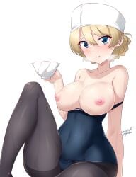 black_pantyhose blonde_hair blue_eyes blush braid breasts covered_navel cup darjeeling female girls_und_panzer kuzuryuu_kennosuke large_breasts looking_at_viewer nipples one-piece_swimsuit pantyhose pantyhose_under_swimsuit solo sweat swimsuit swimsuit_pull teacup