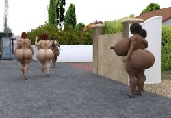 3d barefoot big_ass big_breasts big_butt dark-skinned_female daz_studio dzcelestial3d exhibitionism feet female female_only giantess glasses human hyper_breasts hyper_muscles light-skinned_female lips milf mother_and_daughter multiple_girls muscular muscular_female nikitaendless nikki_(nikitaendless) nipples nude nude_female partially_clothed public public_nudity red_hair revealing_clothes sling_bikini swimsuit