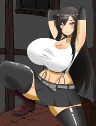 arms_behind_head big_breasts black_hair blush breasts breasts_bigger_than_head clothed clothing doors_drop final_fantasy final_fantasy_vii final_fantasy_vii_remake huge_breasts indoors midriff red_eyes solo tifa_lockhart