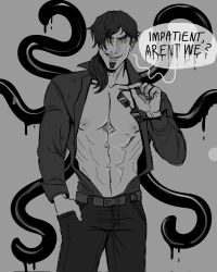 1boy boyfriend_to_death demon kornysadist lucien_rire no_visible_genitalia pinup shirtless solo_male suggestive tentacle