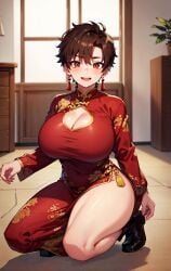 1girls ai_generated bending_over big_breasts blush brown_hair china_dress chinese_clothes cleavage crouching curvy female female_only hourglass_figure huge_breasts light-skinned_female light_skin looking_at_viewer lustre red_dress red_eyes shiny_skin short_hair smile squatting thick_thighs tomboy wide_hips