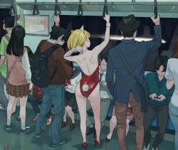 big_ass blonde_hair bunny_ears bunnysuit exhibitionism female female_focus fully_clothed heels light-skinned_female meme original original_character public public_exposure public_indecency public_transportation revealing_clothes skimpy_clothes some1else45 train