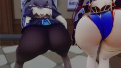 2girls 3d animated ass ass_focus ass_shake bare_shoulders from_behind genshin_impact hair_ornament hair_ribbon hat huge_ass jiggle keqing_(genshin_impact) keqing_(opulent_splendor)_(genshin_impact) kishi leaning leaning_forward leotard long_hair mona_(genshin_impact) pantyhose purple_hair shiny shiny_clothes tagme thighlet twerking twintails very_long_hair video