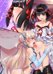 1boy 1girls aogiri_penta black_hair blonde_hair censored crossdressing fellatio femboy girly green_eyes licking_penis straight trap yellow_eyes