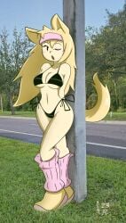 1girls 2023 artist_signature bikini blonde_hair cat_ears cat_tail catgirl cleavage exhibitionism felicity_(fernal_scarlet) female female_only fernal-scarlet headband legwarmers original photo_background pinup public road roadside shoes side-tie_bikini sideboob solo_female tail underboob wink