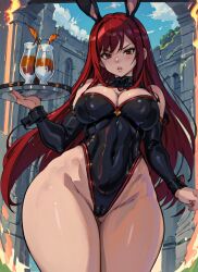 1girls ai_generated big_breasts bunny_ears bunny_girl bunnysuit cleavage erza_scarlet fairy_tail from_below hi_res large_breasts leotard mabi_ai red_eyes red_hair skindentation thick_thighs wide_hips