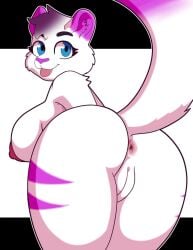 anthro anus blue_eyes felid feline female fur genitals highlights_(coloring) layla_snowtail mammal pink_body pink_fur pink_highlights pussy solo tail vexypop white_body white_fur