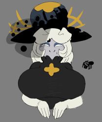 1girls big_breasts black_clothing blue_skin closed_eyes closed_mouth cookie_run cookie_run_kingdom cookie_run_ovenbreak dracoarcto female female_only grey_background hat pale_skin simple_background smile spider truffle_cookie white_hair