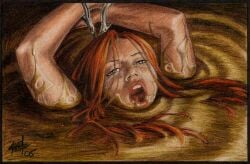 acidtester bondage covert-operations crying drowning handcuffs looking_at_viewer open_mouth peril quicksand red_hair safari_girl tears