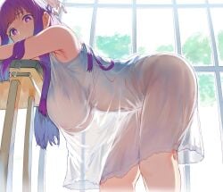 1girls arched_back armpits bent_over big_breasts blunt_bangs breasts breasts_visible_through_clothing curvy dat_ass dress female female_only fern_(sousou_no_frieren) hanging_breasts hews_hack horny huge_breasts large_breasts leaning_on_table long_dress long_hair looking_at_viewer nightgown nipples_visible_through_clothing no_bra oppai purple_eyes purple_hair sagging_breasts see-through see-through_clothing see-through_dress solo sousou_no_frieren standing thighs visible_nipples voluptuous white_dress