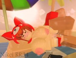 1boy 1girls 3d arsenal_(rolve) artist_name beach beach_towel beach_umbrella desert_eagle gun nikei_rr34 outside pistol red_panda_(rolve) roblox roblox_game robloxian rolve source_request sunset sweat tagme watermark