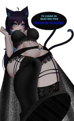 below_view big_breasts black_hair blue_eyes boots bra brassiere breasts cat_ears cat_tail domination goth goth_girl lingerie lipstick looking_at_viewer n4hkz neko nekomimi nott_vt owozu partially_clothed virtual_youtuber