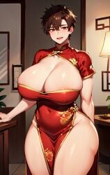 1girls ai_generated big_breasts blush brown_hair china_dress chinese_clothes cleavage curvy female female_only hourglass_figure huge_breasts light-skinned_female light_skin lustre red_eyes shiny_skin short_hair thick_thighs tomboy