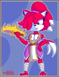 absurd_res anthro big_breasts breasts clothed clothing digital_media_(artwork) fan_character female fire fur hair hi_res humanoid knife long_hair ninja nipples purple_eyes red_body red_fur red_hair redeye_samurai_(artist) sega simple_background smile solo sonic_(series) sonic_the_hedgehog_(series) tail warrior weapon