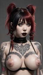 ai_generated big_areola big_breasts big_nipples black_hair celebrity choker d4rk_v0id goth goth_girl huge_breasts jennette_mccurdy red_hair tattoos