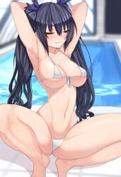 armpits arms_up black_hair blush breasts cleavage closed_eyes dura hair_ribbon hands_behind_head legs_apart light-skinned_female micro_bikini neptunia_(series) noire pool pose presenting slim_waist solo twintails