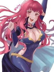 1girls belt black_cape blush bodysuit breasts cape chest_strap choker cleavage clothing_cutout facial_mark female female female_only fire_emblem fire_emblem_engage hair_ornament large_breasts long_hair nintendo open_mouth pink_choker purple_bodysuit red_eyes red_hair side_cutout simple_background smile solo star_(symbol) star_facial_mark star_hair_ornament yellow_belt yunaka_(fire_emblem) zqzbq